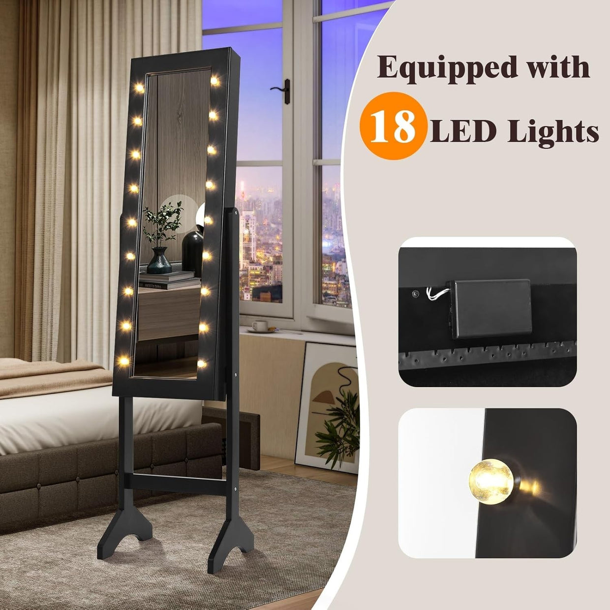 LED Full Length Mirror Jewelry Cabinet Adjustable Floor Standing Storage - Kwikley