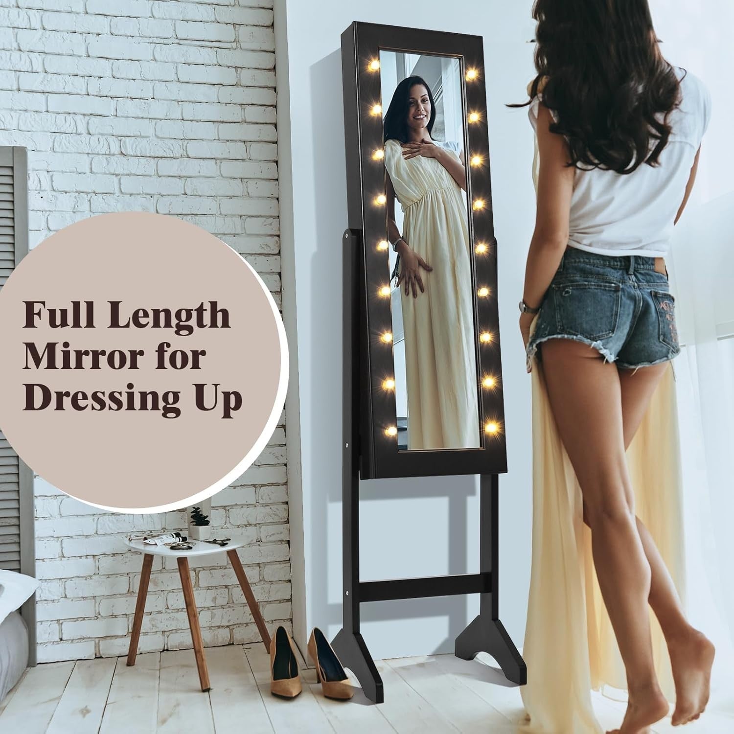 LED Full Length Mirror Jewelry Cabinet Adjustable Floor Standing Storage - Kwikley