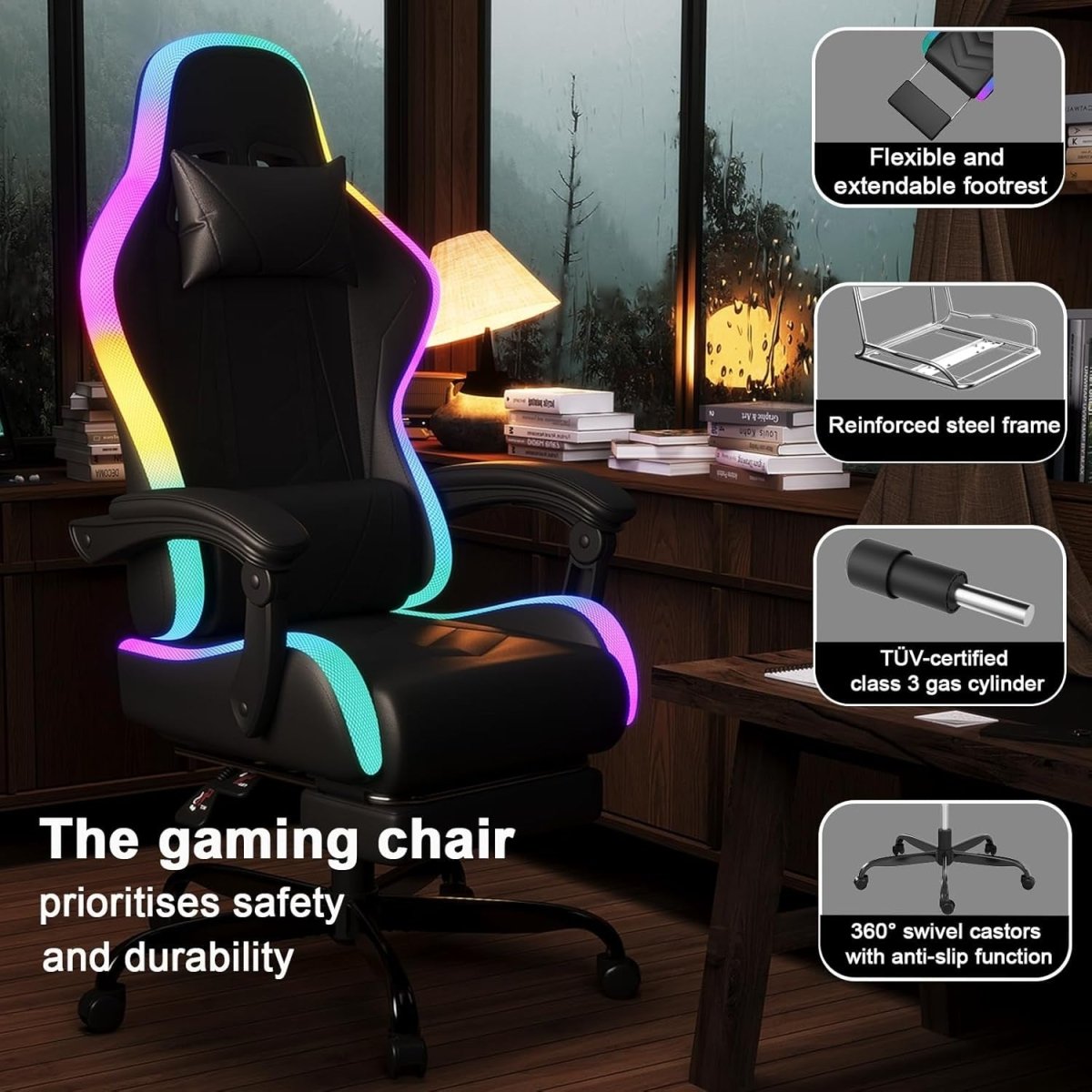 LED Gaming Chair RGB Massage Lumbar Recliner Black - Kwikley