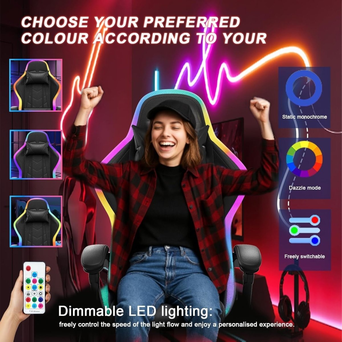LED Gaming Chair RGB Massage Lumbar Recliner Black - Kwikley