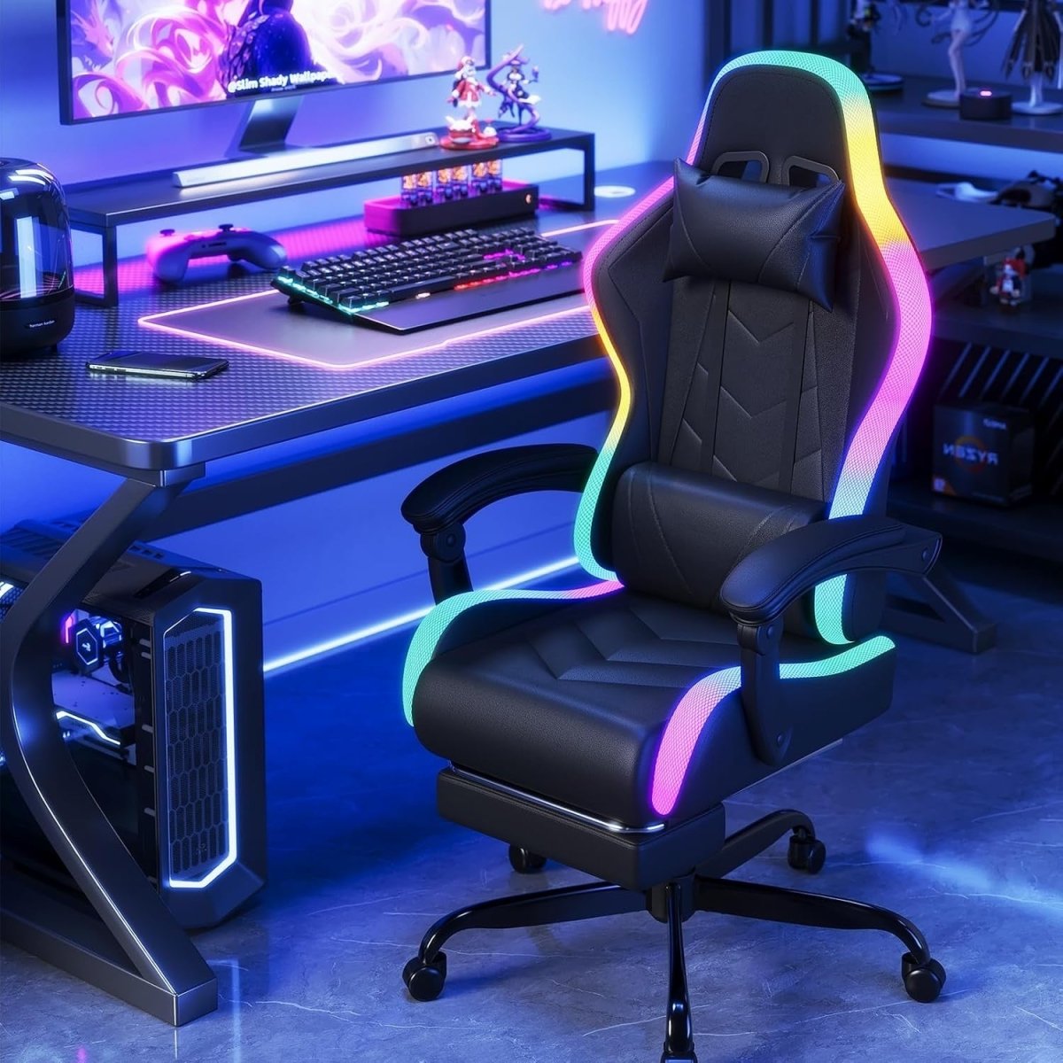 LED Gaming Chair RGB Massage Lumbar Recliner Black - Kwikley