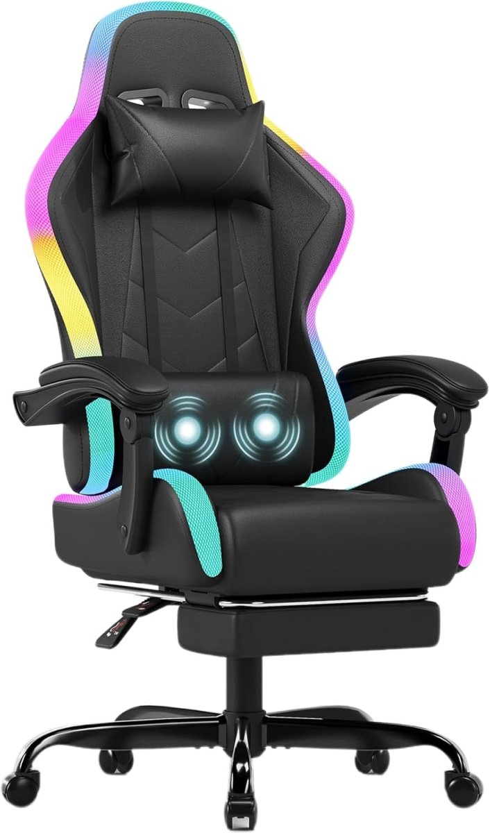 LED Gaming Chair RGB Massage Lumbar Recliner Black - Kwikley