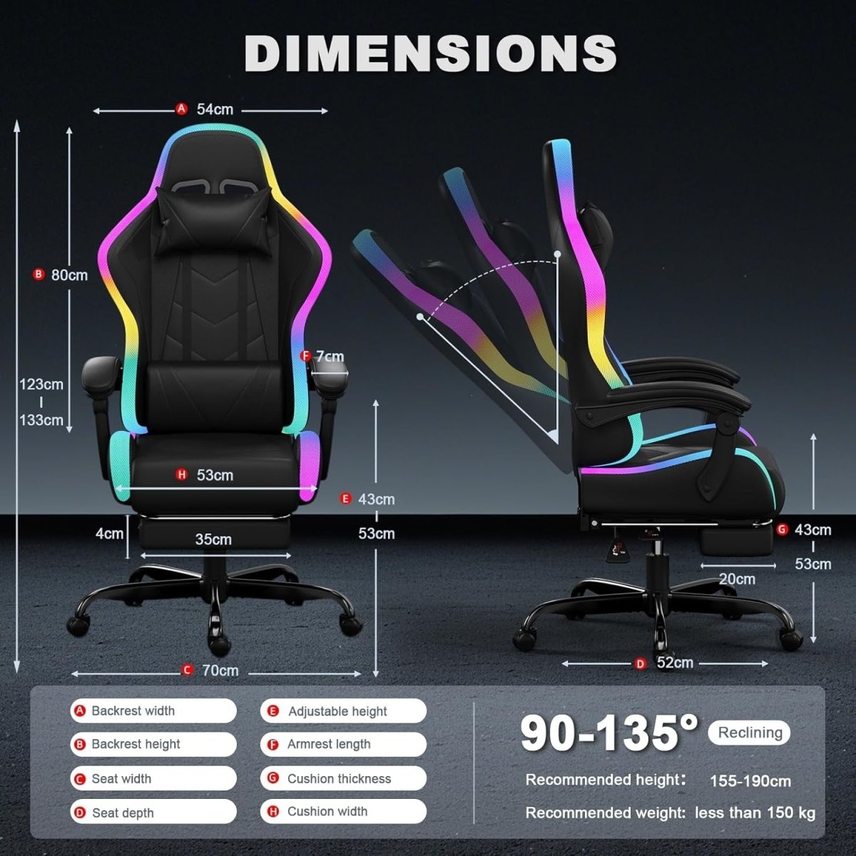 LED Gaming Chair RGB Massage Lumbar Recliner Black - Kwikley