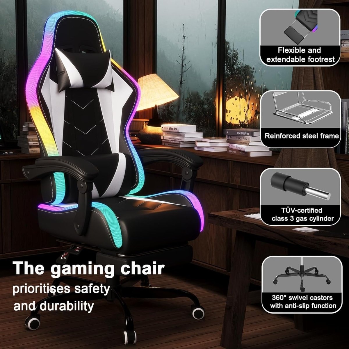 LED Gaming Chair RGB Massage Lumbar Reclining White - Kwikley