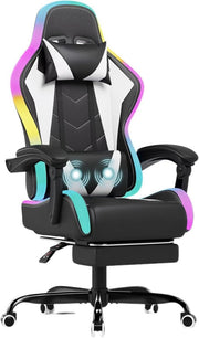 LED Gaming Chair RGB Massage Lumbar Reclining White - Kwikley