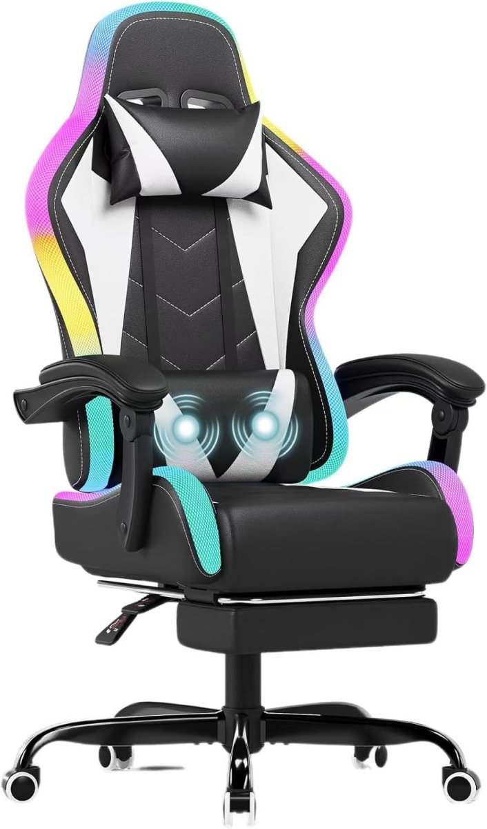 LED Gaming Chair RGB Massage Lumbar Reclining White - Kwikley