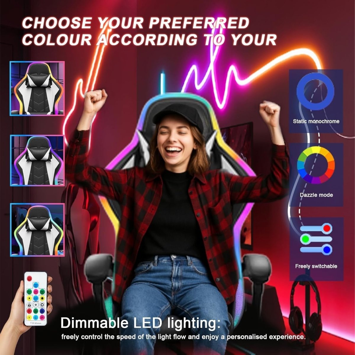 LED Gaming Chair RGB Massage Lumbar Reclining White - Kwikley