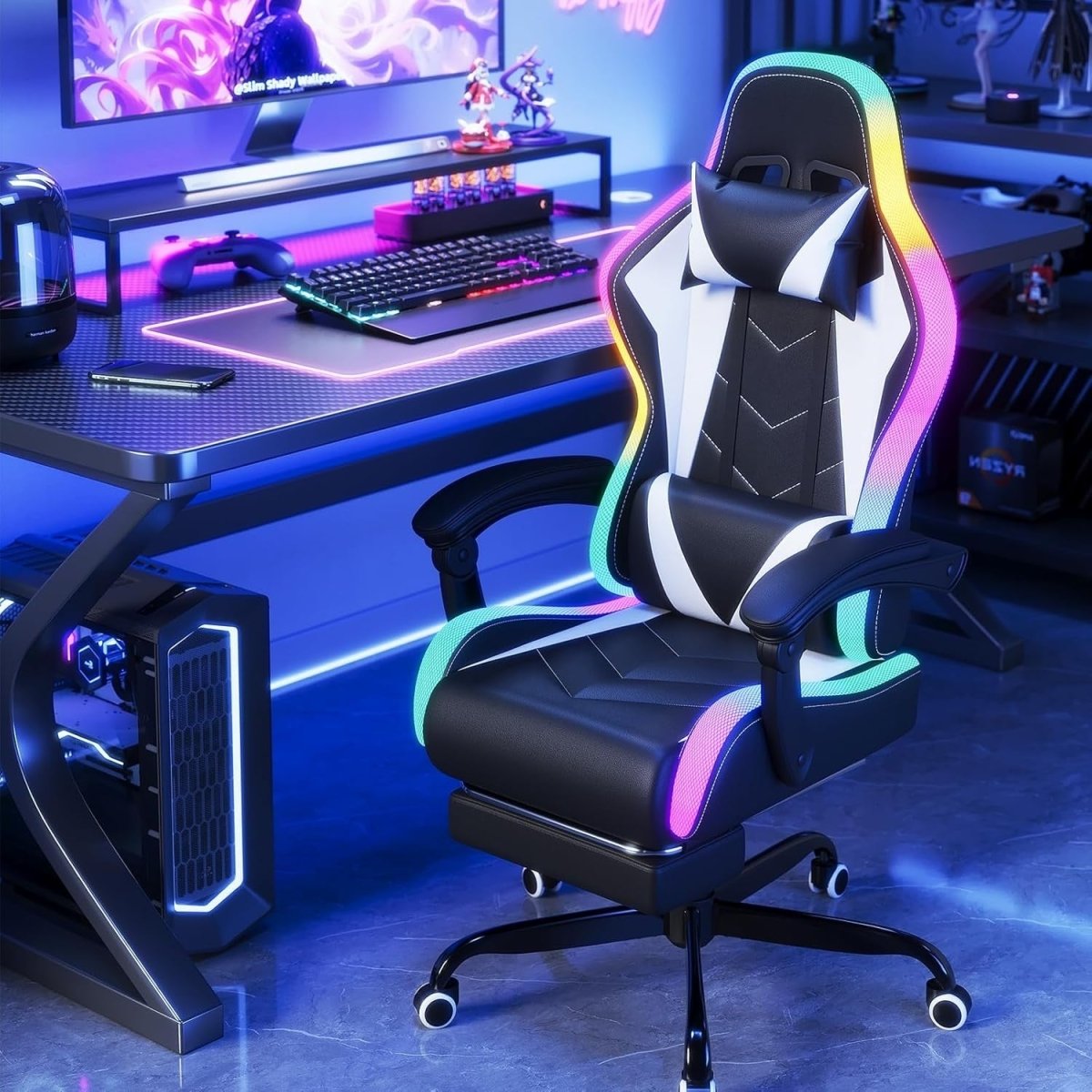 LED Gaming Chair RGB Massage Lumbar Reclining White - Kwikley
