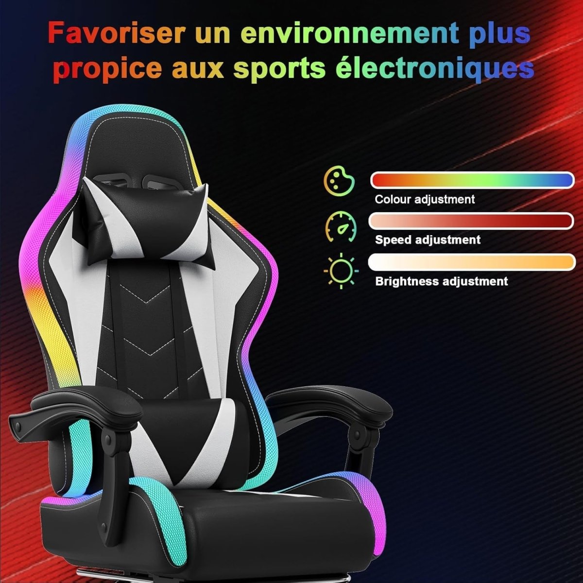 LED Gaming Chair RGB Massage Lumbar Reclining White - Kwikley