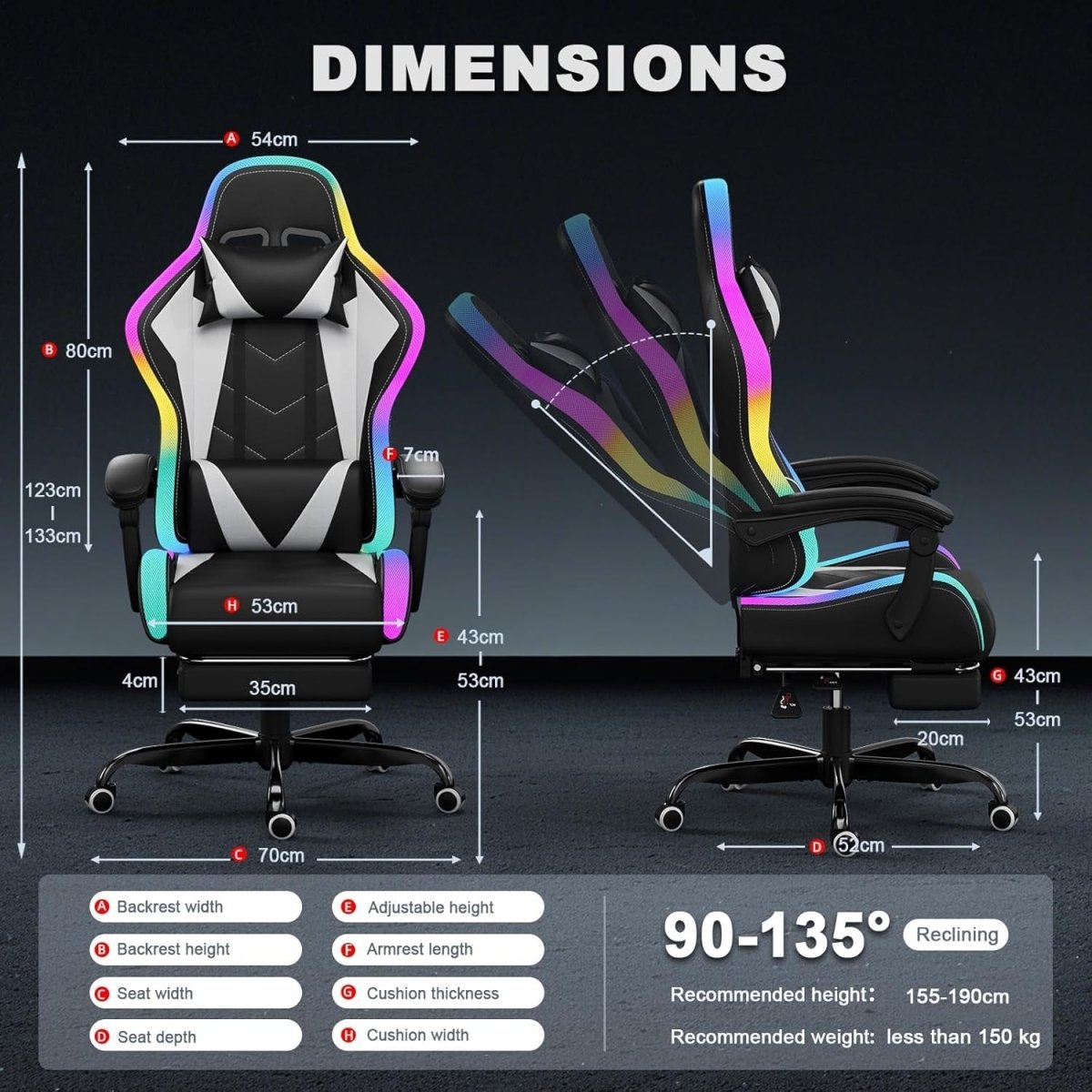 LED Gaming Chair RGB Massage Lumbar Reclining White - Kwikley