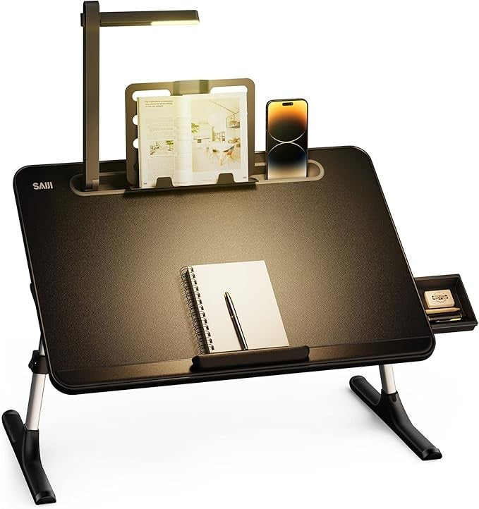 LED Laptop Tray Adjustable Bed Desk Book Stand Drawer Study Table Black - Kwikley