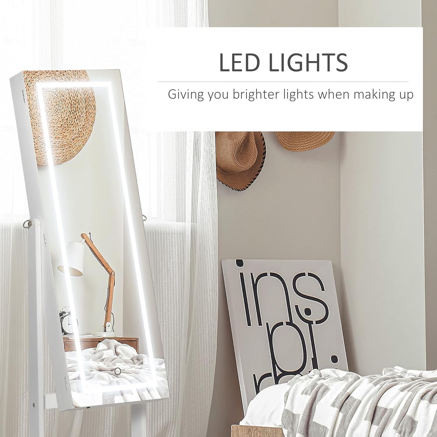 LED Light Jewelry Cabinet Full Length Mirror Lockable Floor Organizer - Kwikley