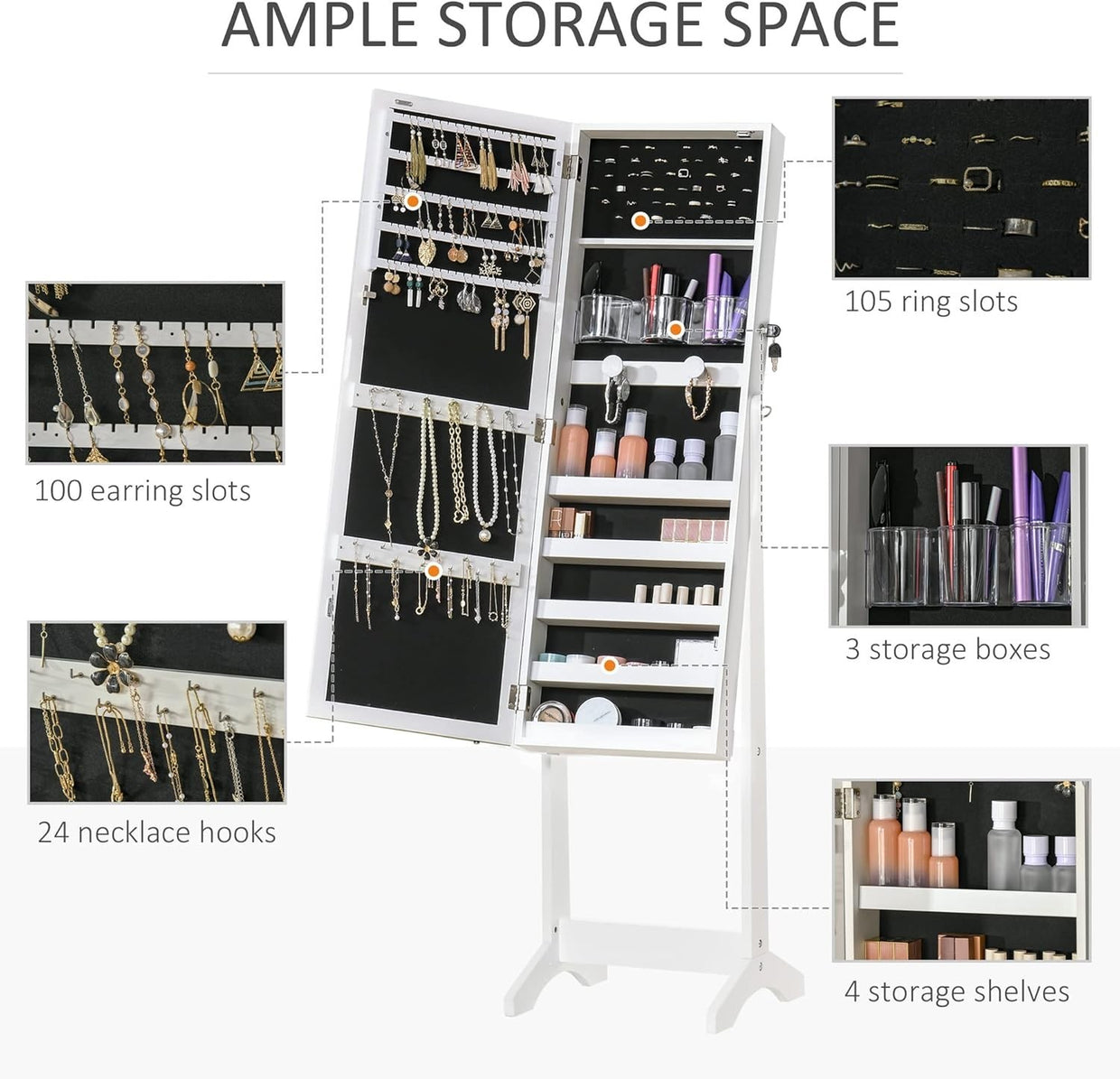 LED Light Jewelry Cabinet Full Length Mirror Lockable Floor Organizer - Kwikley