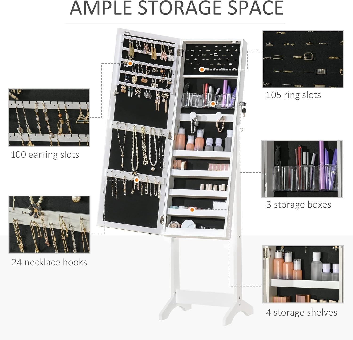 LED Light Jewelry Cabinet Full Length Mirror Lockable Floor Organizer - Kwikley