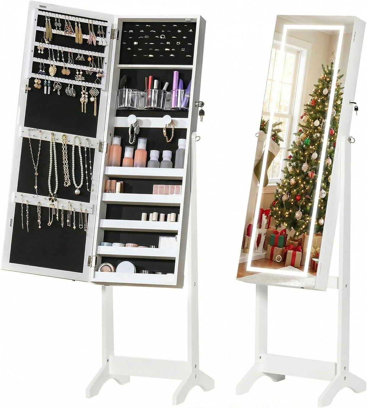 LED Light Jewelry Cabinet Full Length Mirror Lockable Floor Organizer - Kwikley