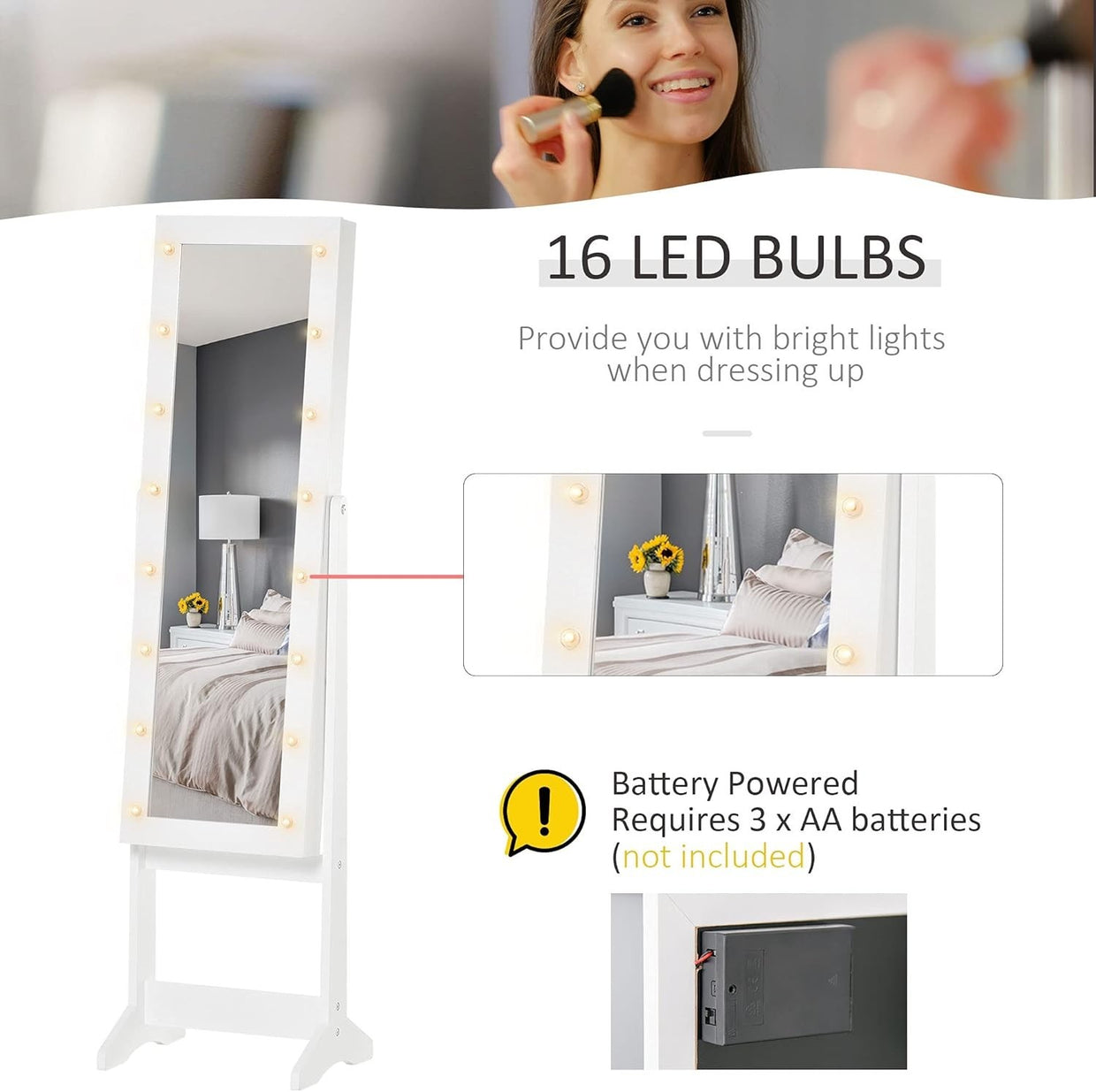 LED Light Jewelry Mirror Cabinet Adjustable Freestanding Storage White - Kwikley