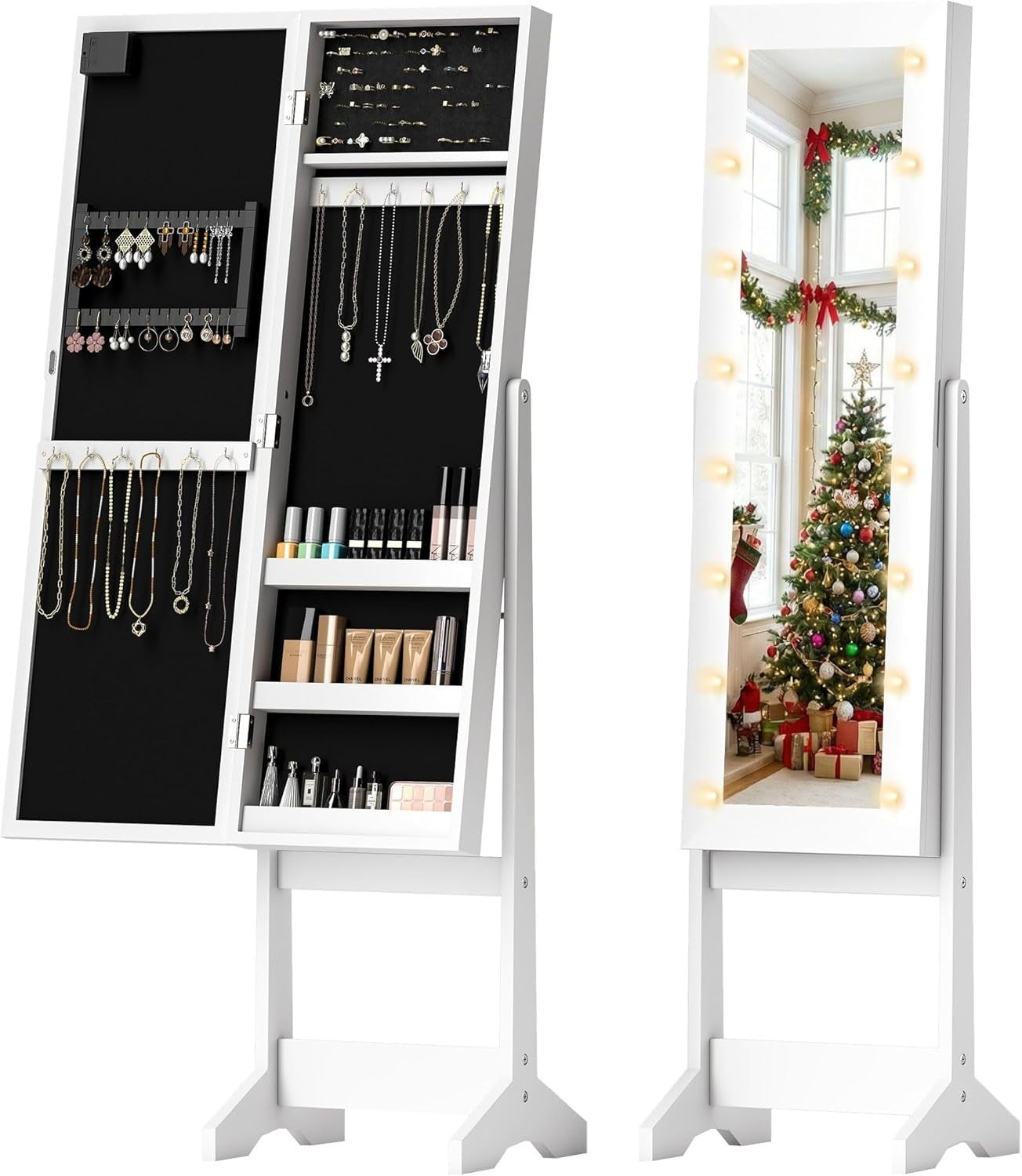 LED Light Jewelry Mirror Cabinet Adjustable Freestanding Storage White - Kwikley