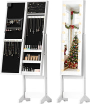 LED Light Jewelry Mirror Cabinet Adjustable Freestanding Storage White - Kwikley