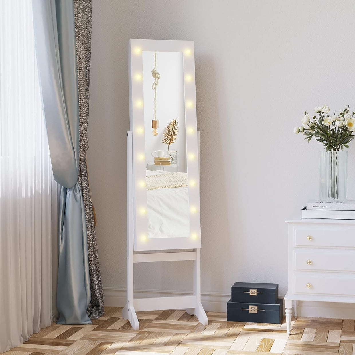 LED Light Jewelry Mirror Cabinet Adjustable Freestanding Storage White - Kwikley