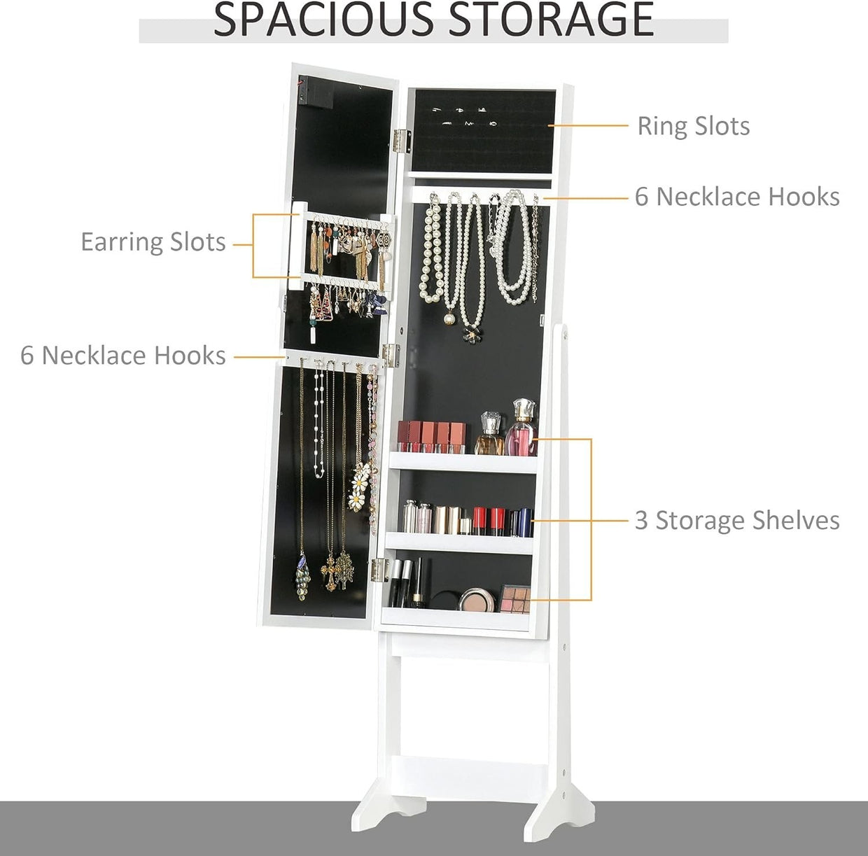 LED Light Jewelry Mirror Cabinet Adjustable Freestanding Storage White - Kwikley