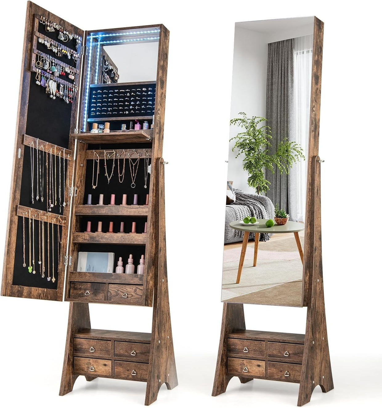 LED Lighted Freestanding Jewelry Cabinet Full Mirror Rustic Storage Unit - Kwikley