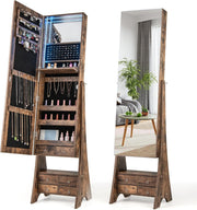 LED Lighted Freestanding Jewelry Cabinet Full Mirror Rustic Storage Unit - Kwikley