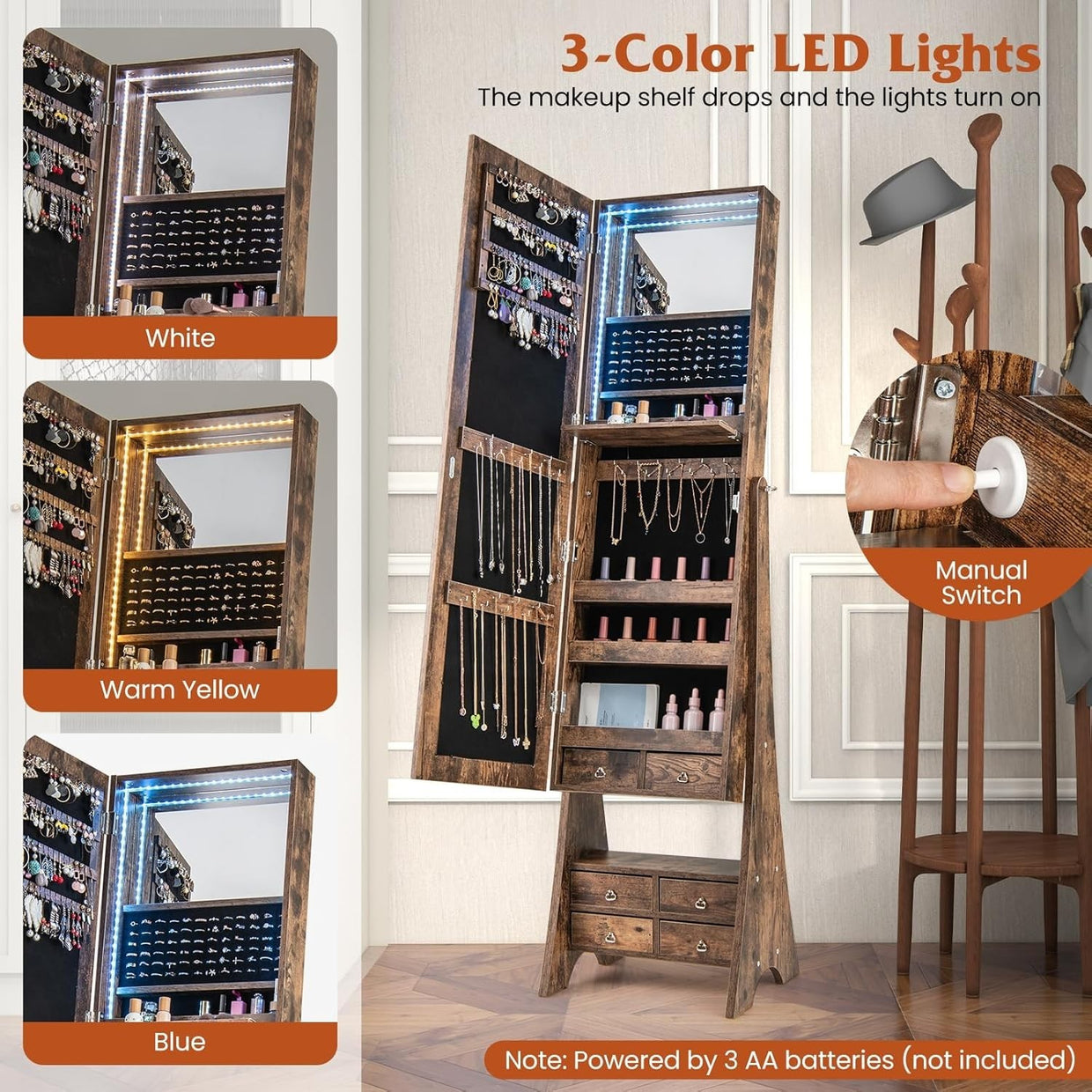LED Lighted Freestanding Jewelry Cabinet Full Mirror Rustic Storage Unit - Kwikley