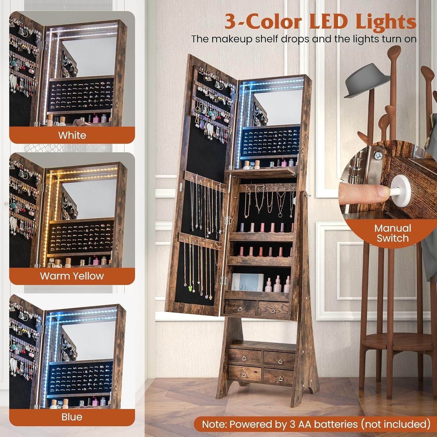 LED Lighted Freestanding Jewelry Cabinet Full Mirror Rustic Storage Unit - Kwikley