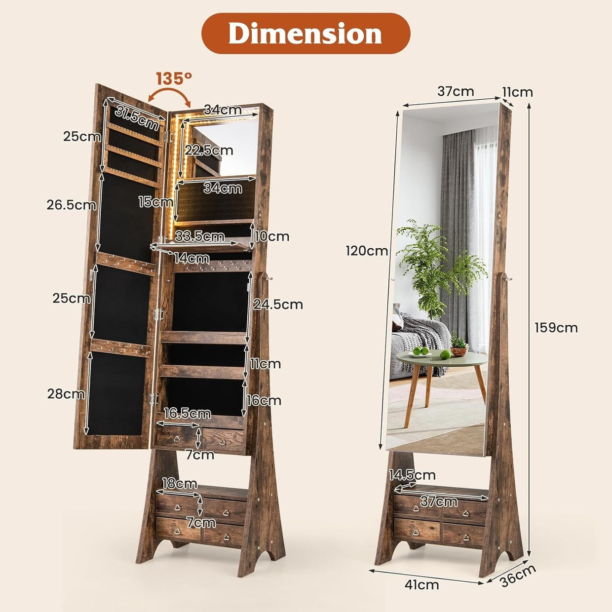 LED Lighted Freestanding Jewelry Cabinet Full Mirror Rustic Storage Unit - Kwikley