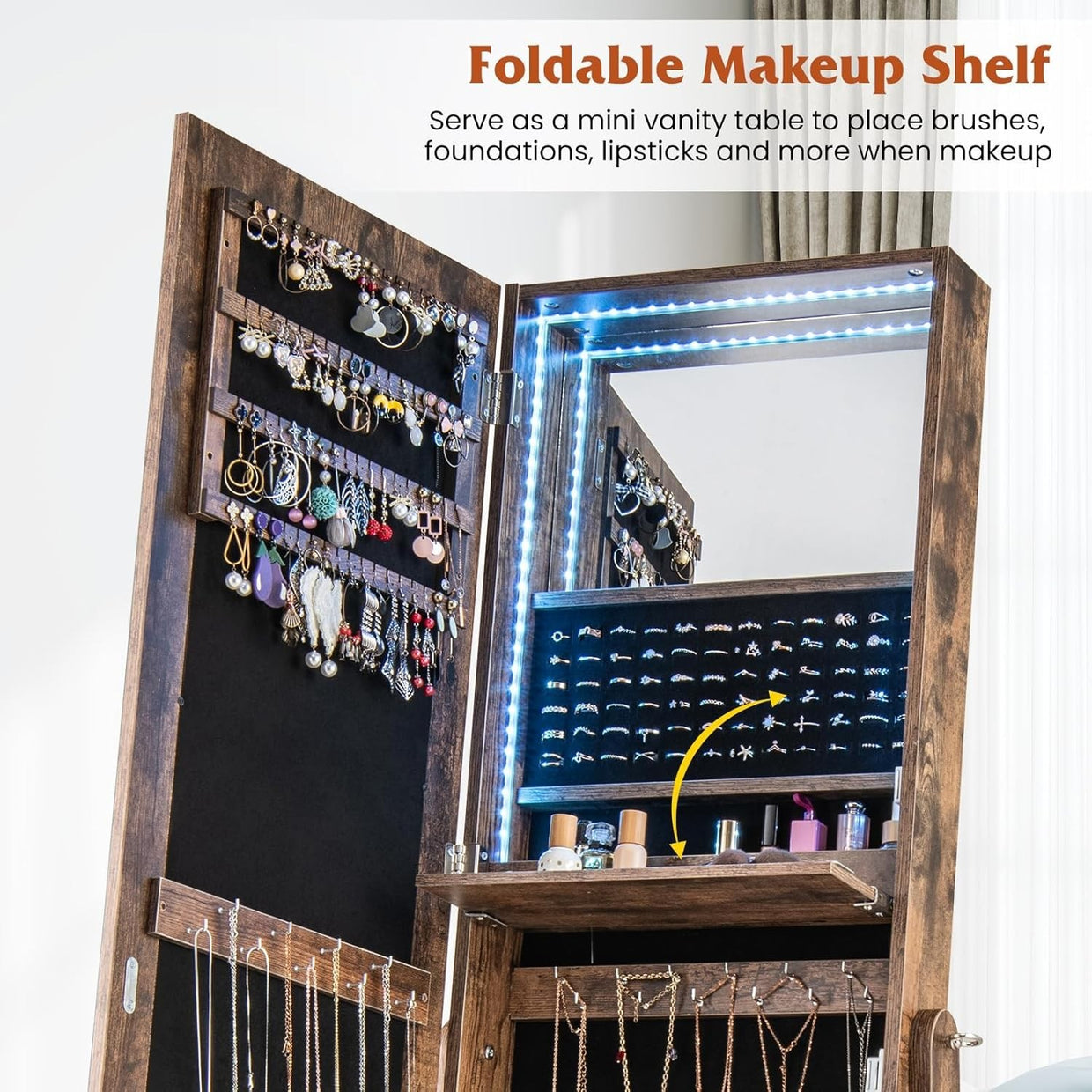 LED Lighted Freestanding Jewelry Cabinet Full Mirror Rustic Storage Unit - Kwikley