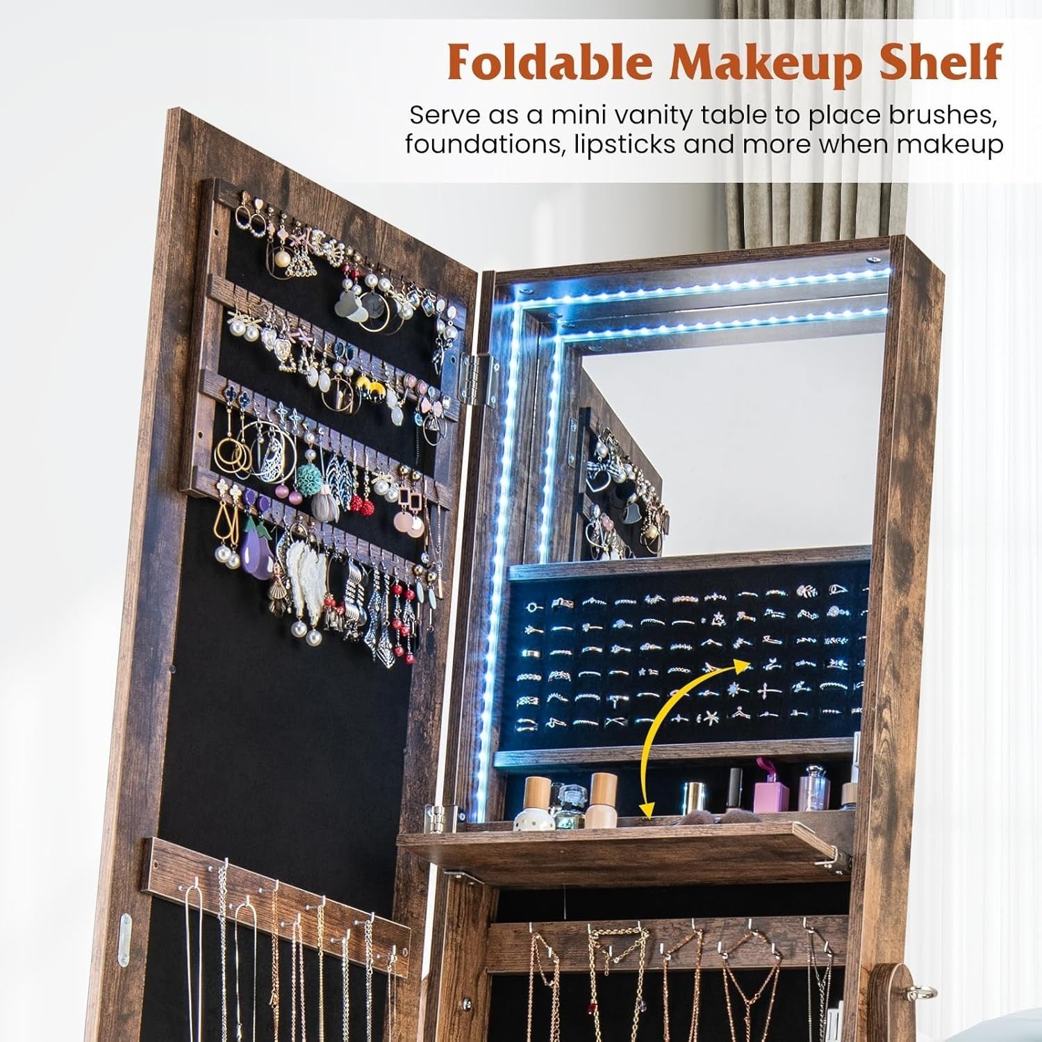 LED Lighted Freestanding Jewelry Cabinet Full Mirror Rustic Storage Unit - Kwikley
