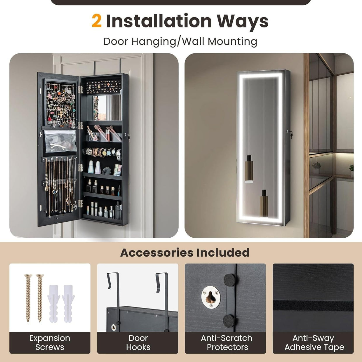 LED Lighted Jewelry Cabinet Wall Mounted Door Hanging Lockable Mirror - Kwikley
