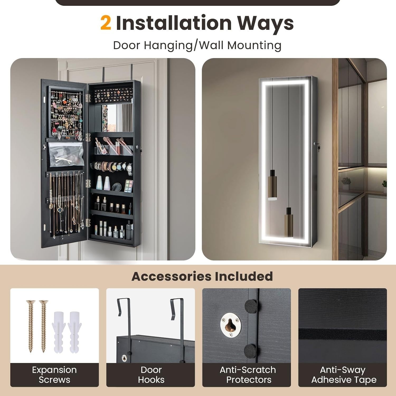 LED Lighted Jewelry Cabinet Wall Mounted Door Hanging Lockable Mirror - Kwikley