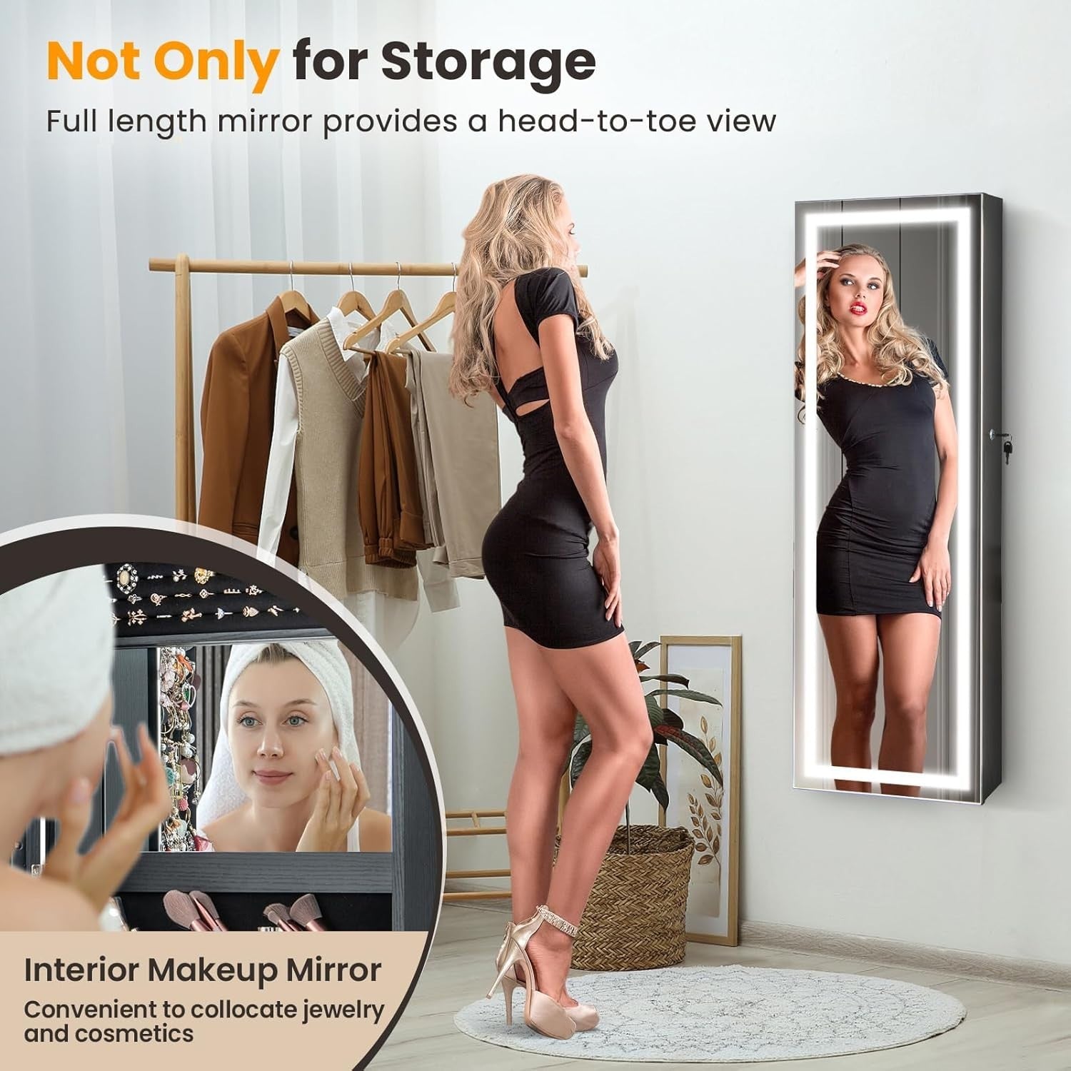 LED Lighted Jewelry Cabinet Wall Mounted Door Hanging Lockable Mirror - Kwikley