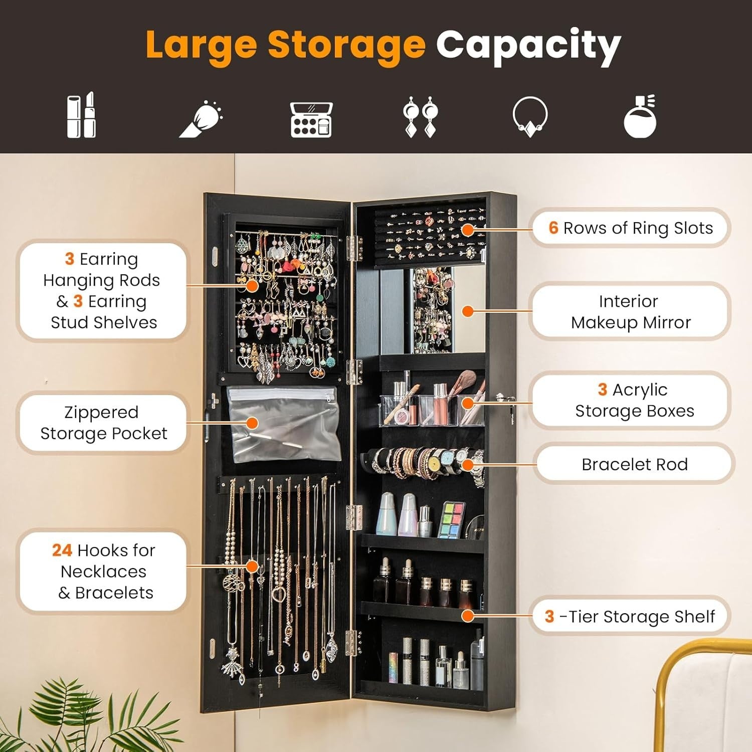 LED Lighted Jewelry Cabinet Wall Mounted Door Hanging Lockable Mirror - Kwikley