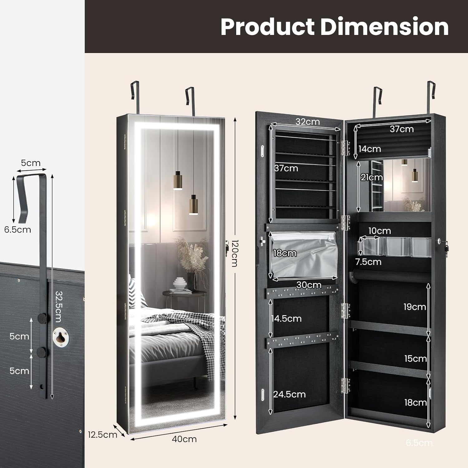 LED Lighted Jewelry Cabinet Wall Mounted Door Hanging Lockable Mirror - Kwikley
