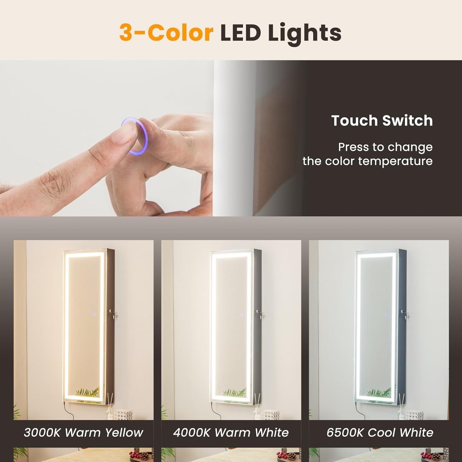 LED Lighted Jewelry Cabinet Wall Mounted Door Hanging Lockable Mirror - Kwikley