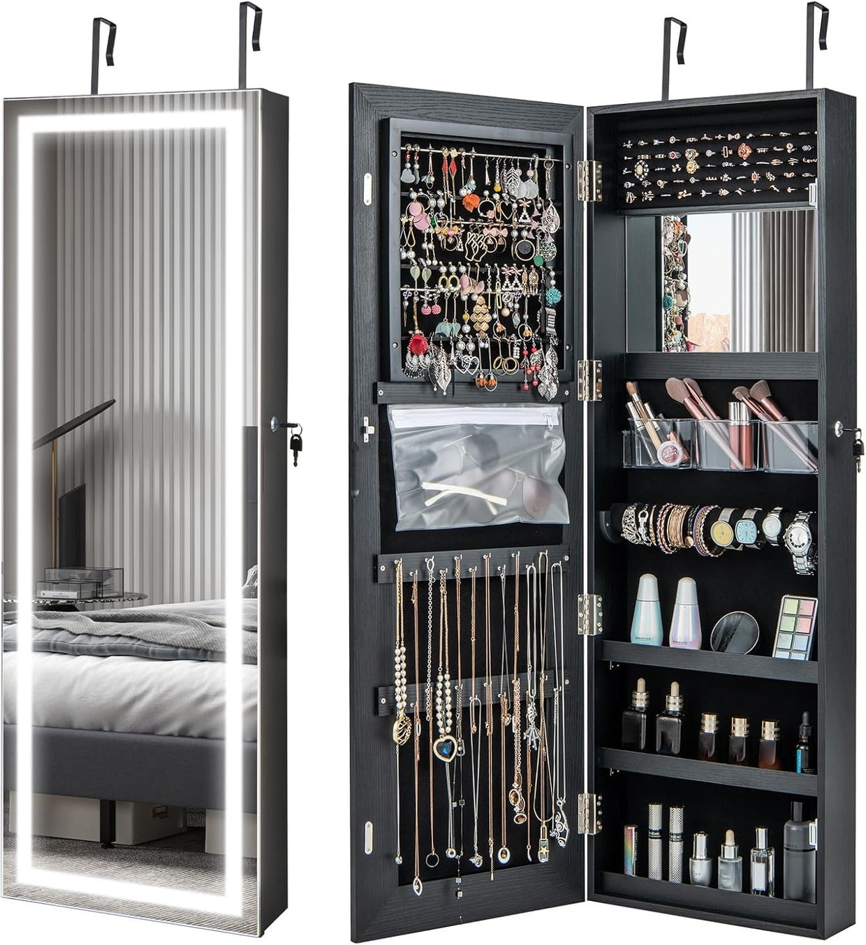 LED Lighted Jewelry Cabinet Wall Mounted Door Hanging Lockable Mirror - Kwikley