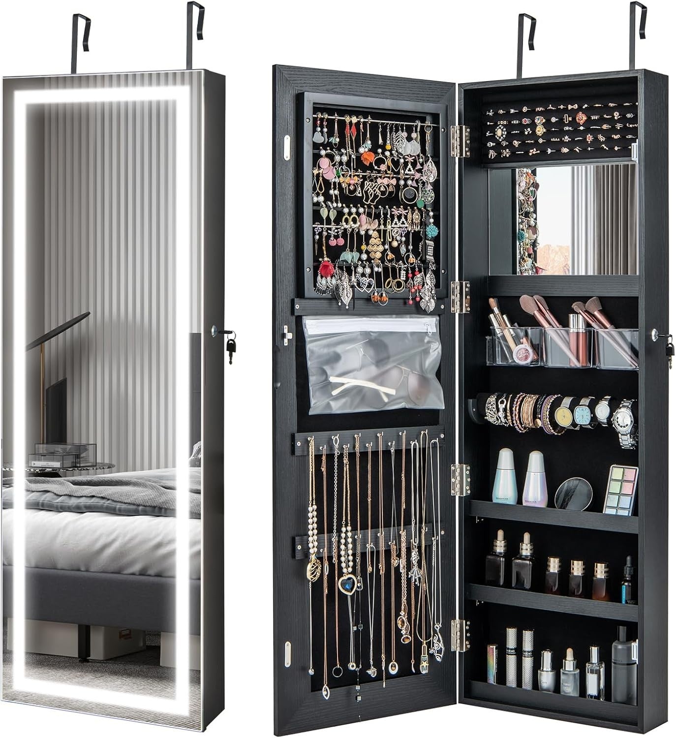 LED Lighted Jewelry Cabinet Wall Mounted Door Hanging Lockable Mirror - Kwikley