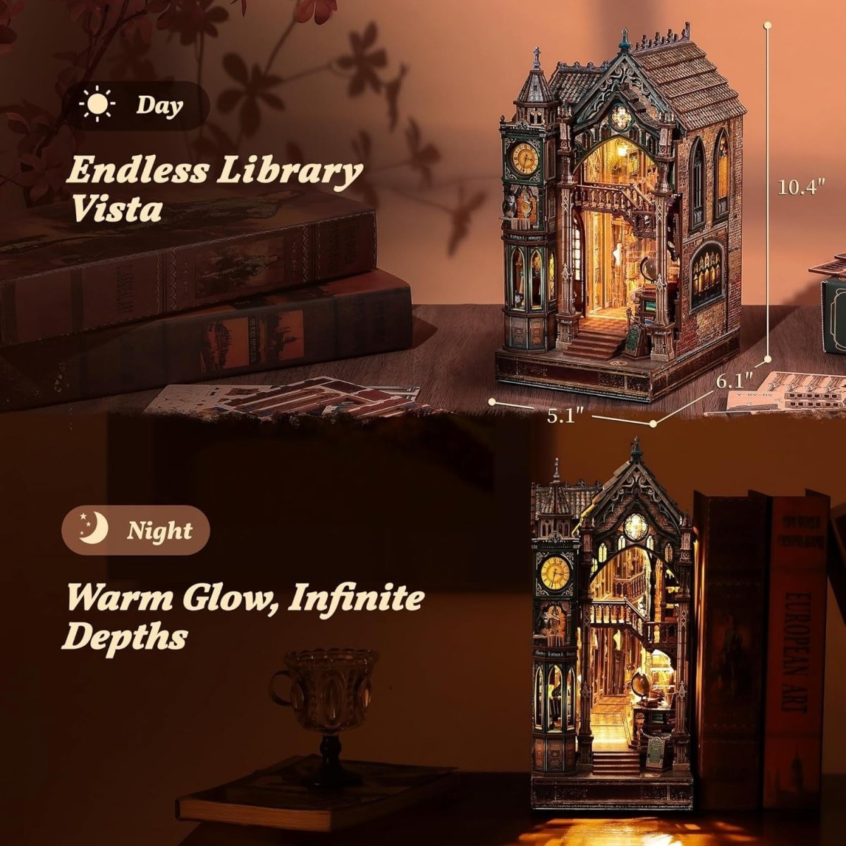 LED Magic Library Book Nook Kit 3D Wooden Puzzle Infinity Mirror - Kwikley