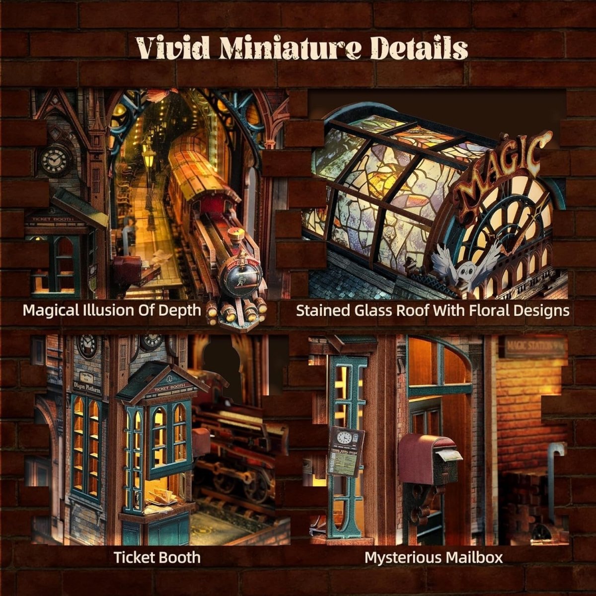 LED Magic Station Book Nook Kit 3D Wooden Puzzle Bookshelf Decor - Kwikley