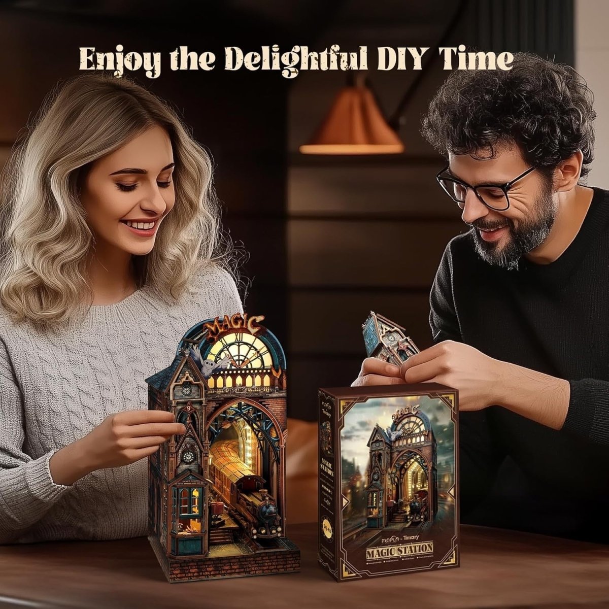 LED Magic Station Book Nook Kit 3D Wooden Puzzle Bookshelf Decor - Kwikley