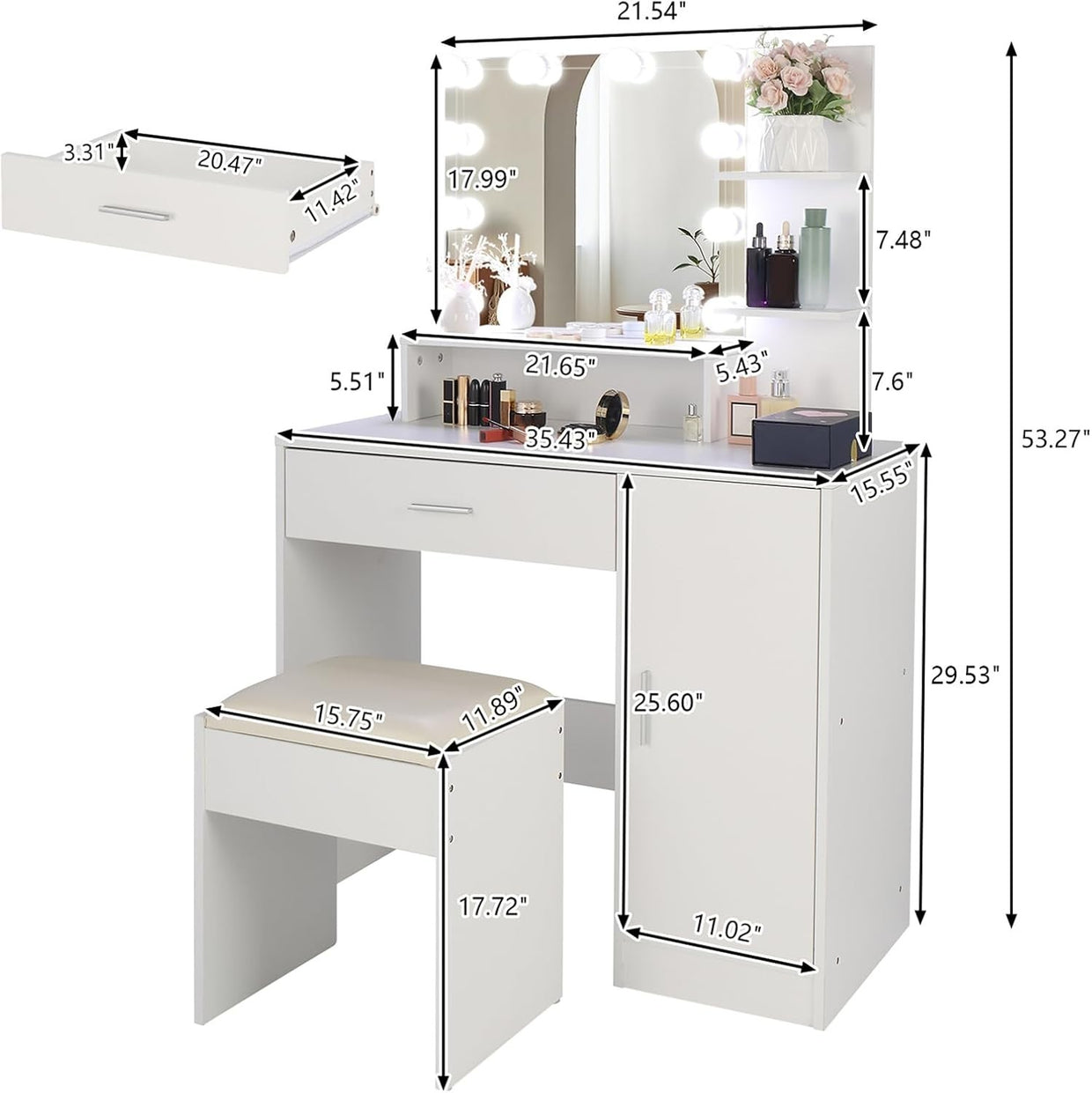 LED Makeup Vanity Dressing Table Set with Lighted Mirror Drawer Shelves White Mo - Kwikley
