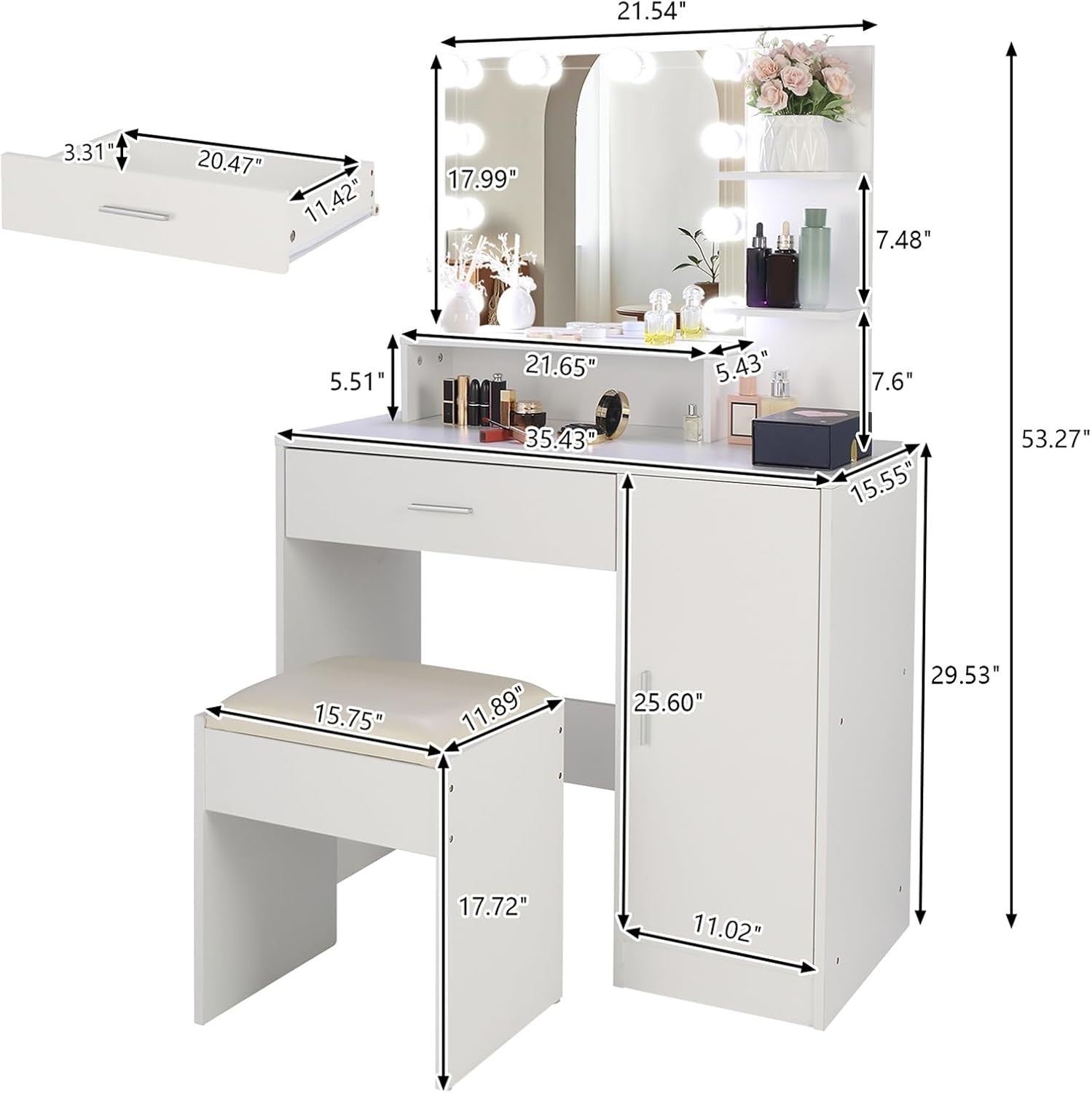 LED Makeup Vanity Dressing Table Set with Lighted Mirror Drawer Shelves White Mo - Kwikley