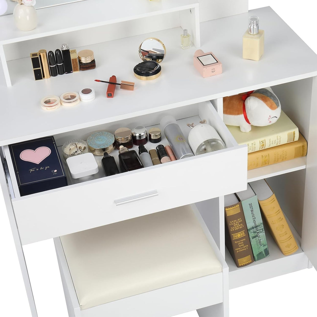 LED Makeup Vanity Dressing Table Set with Lighted Mirror Drawer Shelves White Mo - Kwikley