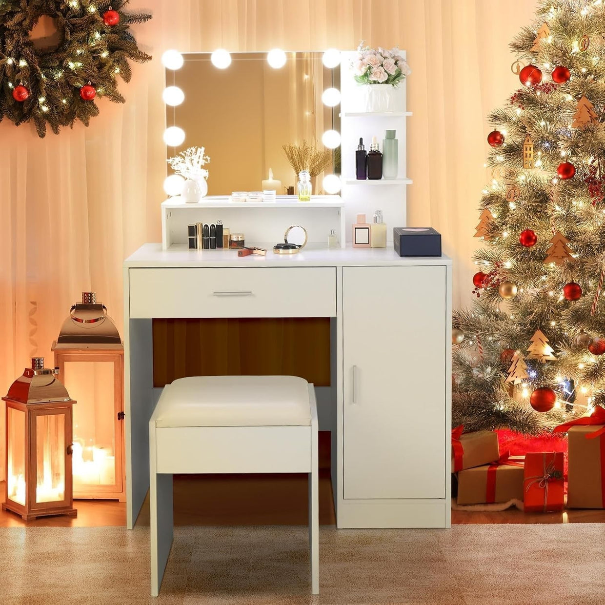 LED Makeup Vanity Dressing Table Set with Lighted Mirror Drawer Shelves White Mo - Kwikley