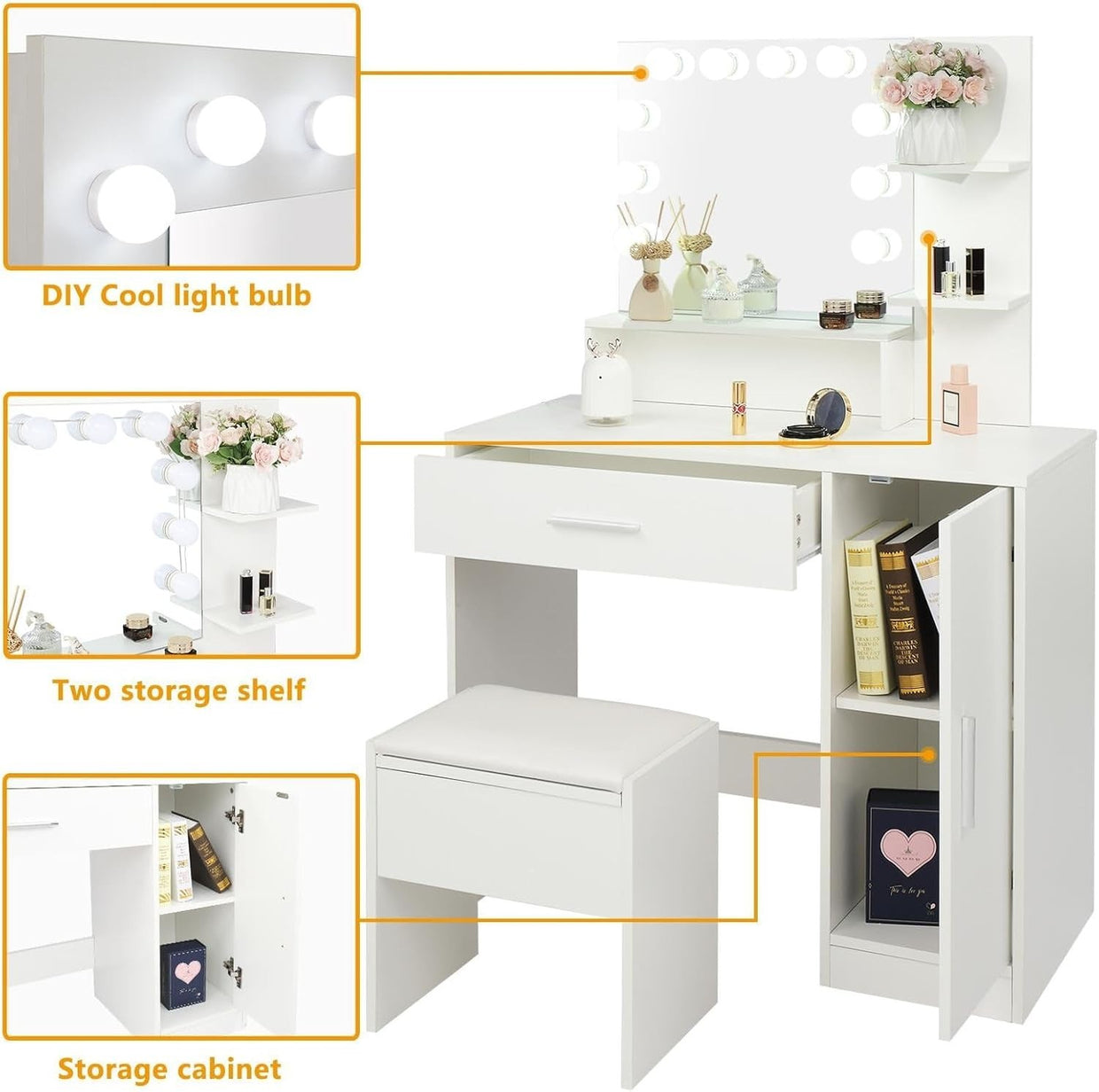 LED Makeup Vanity Dressing Table Set with Lighted Mirror Drawer Shelves White Mo - Kwikley