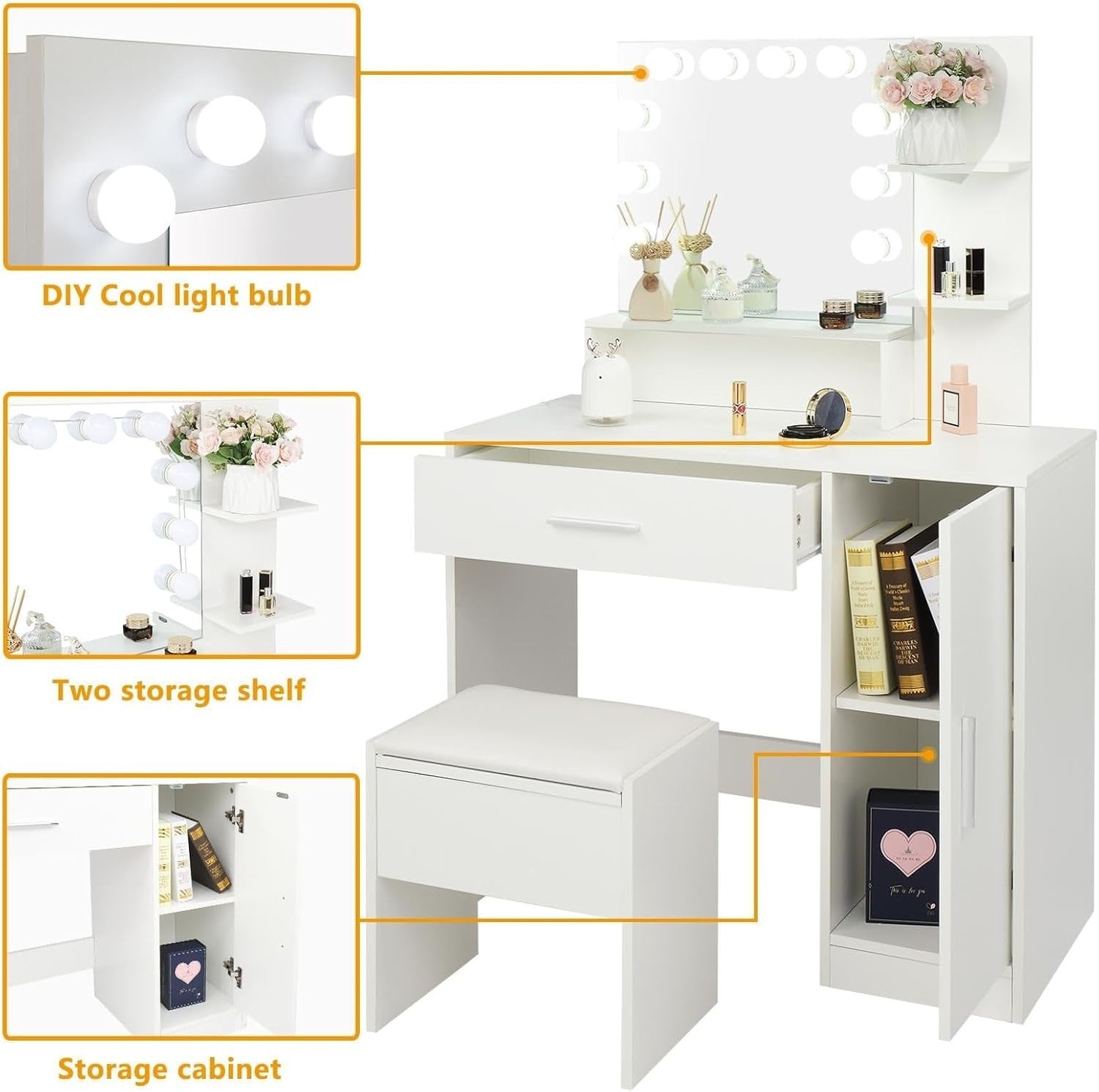 LED Makeup Vanity Dressing Table Set with Lighted Mirror Drawer Shelves White Mo - Kwikley