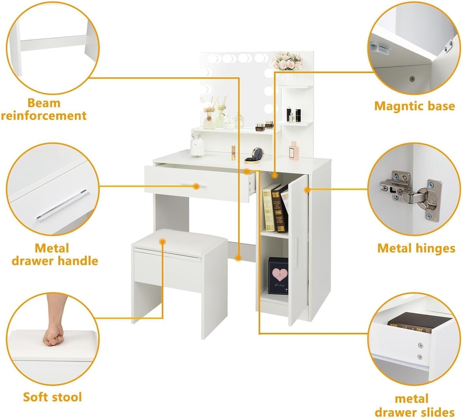 LED Makeup Vanity Dressing Table Set with Lighted Mirror Drawer Shelves White Mo - Kwikley