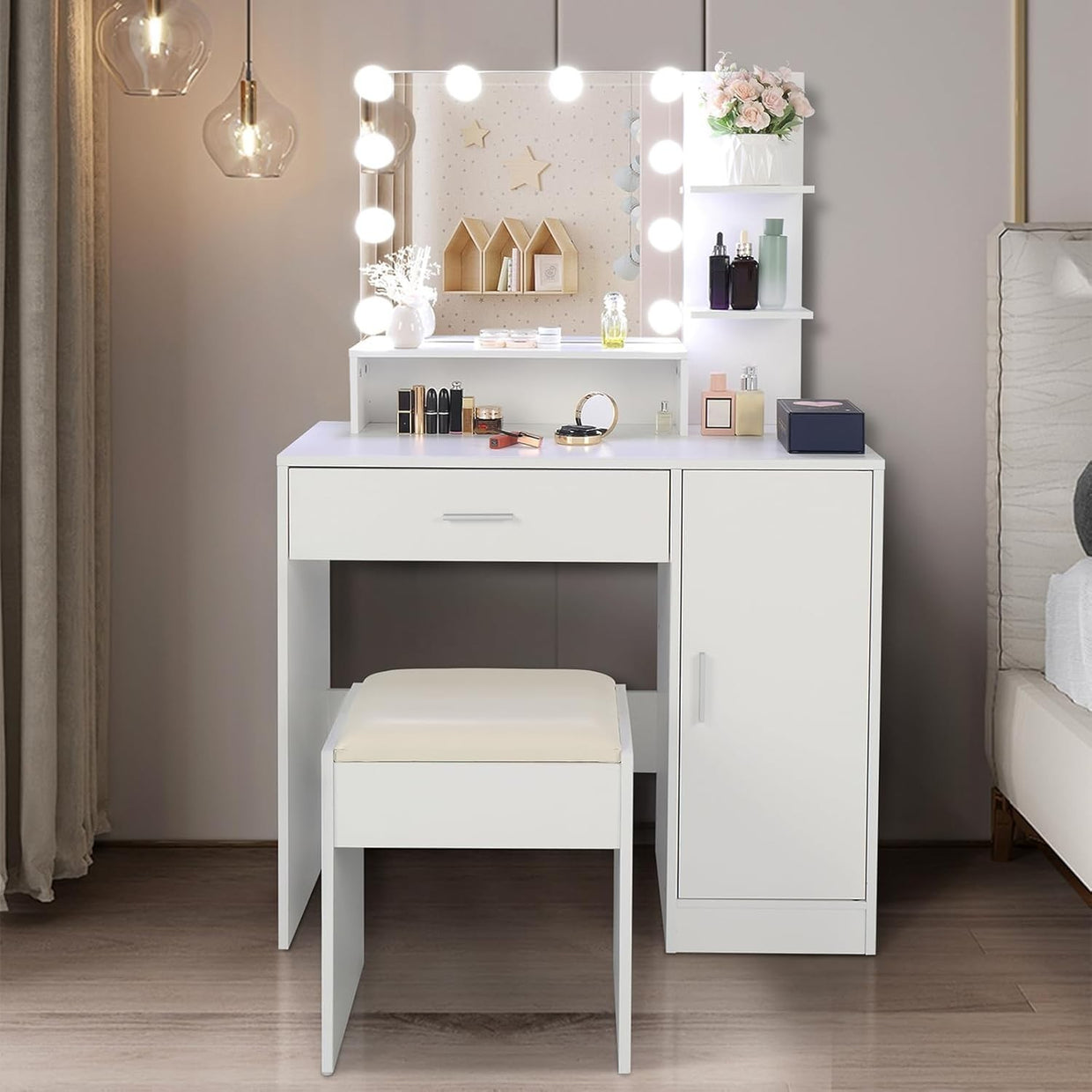 LED Makeup Vanity Dressing Table Set with Lighted Mirror Drawer Shelves White Mo - Kwikley